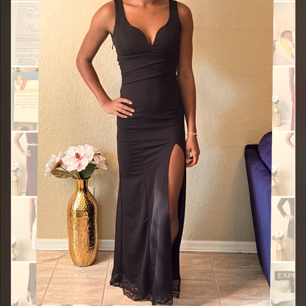 Beautiful Floor Length Black Dress Warren Ones For Prom. Model Is 5’11
